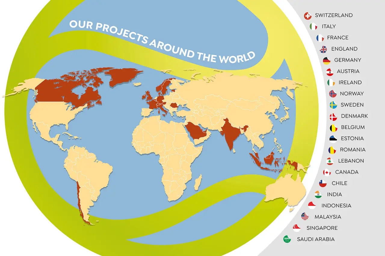Wereldkaart van de RedPlus-projecten met de landen en internationale academies gemarkeerd